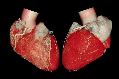Two volume-rendered cardiac CT views of a human heart, the muscle in deep red with the coronary arteries standing out in pale relief against a black background