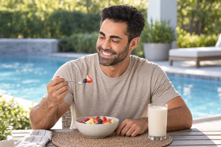 Illustration of Dr. Igor Deoli enjoying fruit with a shake beside a pool