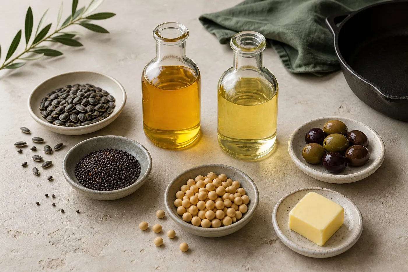 Two glass bottles of golden cooking oil surrounded by sunflower seeds, canola seeds, soybeans, olives, butter, and a cast-iron skillet