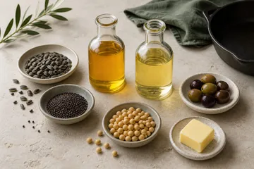 Two glass bottles of golden cooking oil surrounded by sunflower seeds, canola seeds, soybeans, olives, butter, and a cast-iron skillet