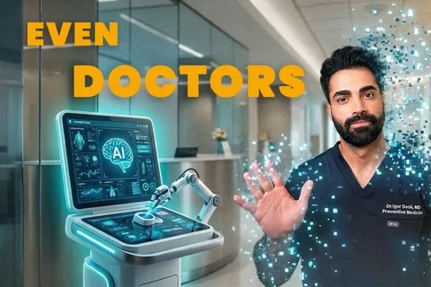 Igor Deoli in scrubs beside an AI-driven clinical workstation, his outline dissolving into pixels